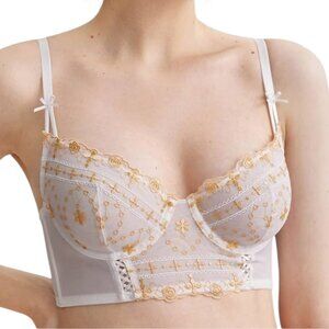 Luvlette Cream Gold Embroidered Lacy Bra Bustier Sheer Sz 38A Bridal Lace Cutout
